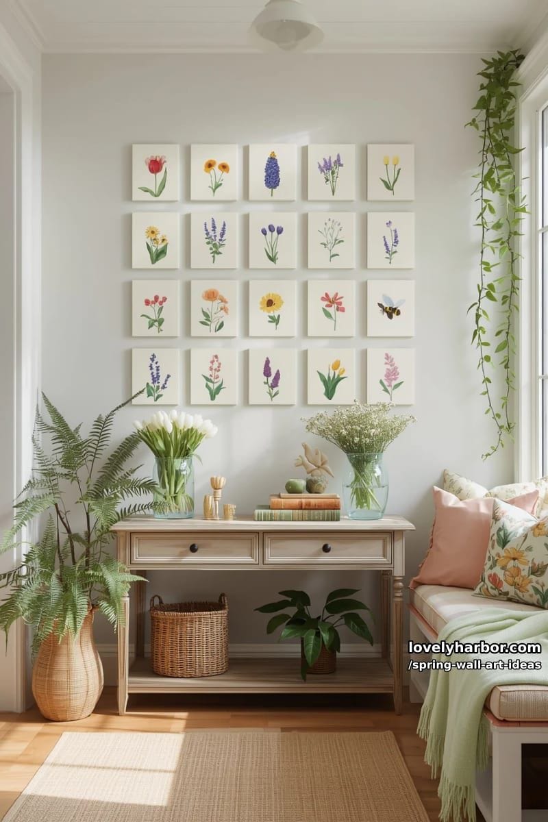 collection of tiny canvases each painted with a different wildflower or bee 1