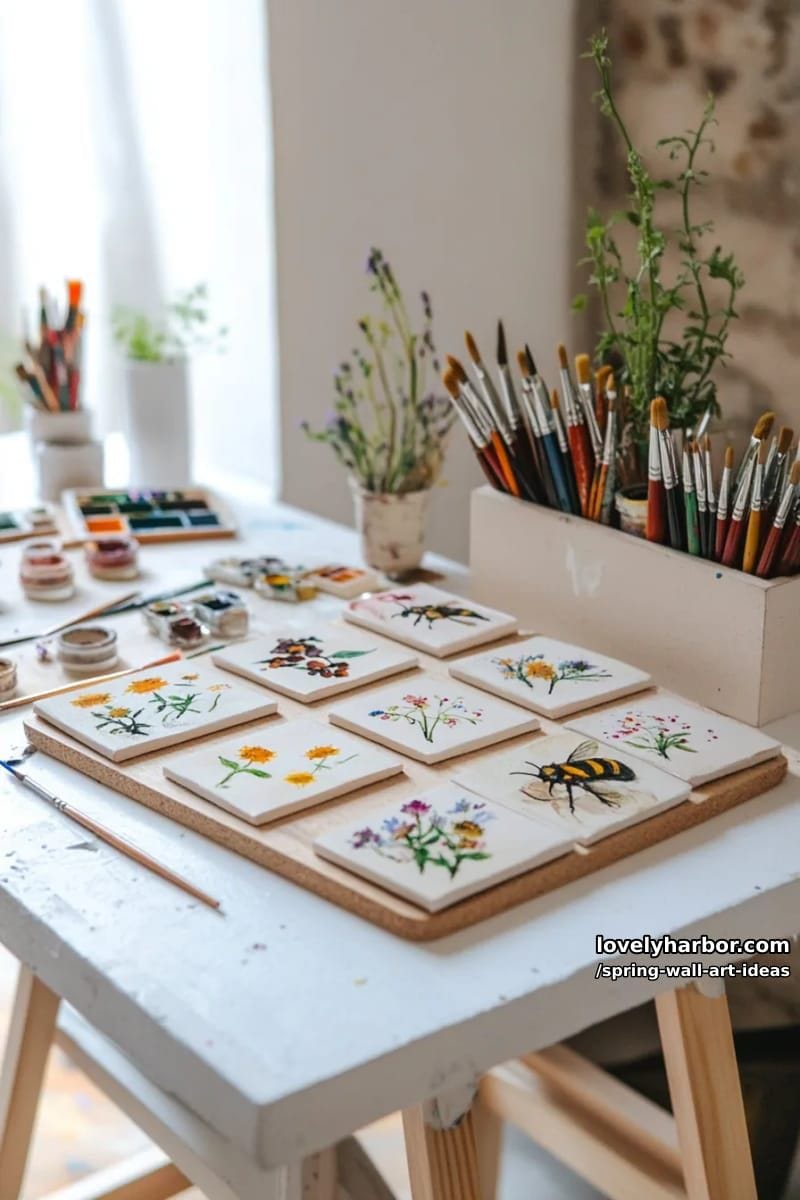 collection of tiny canvases each painted with a different wildflower or bee 1
