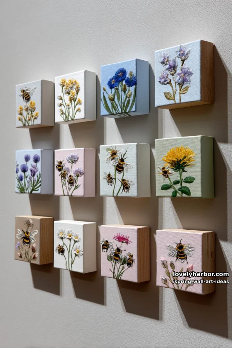 collection of tiny canvases each painted with a different wildflower or bee 1