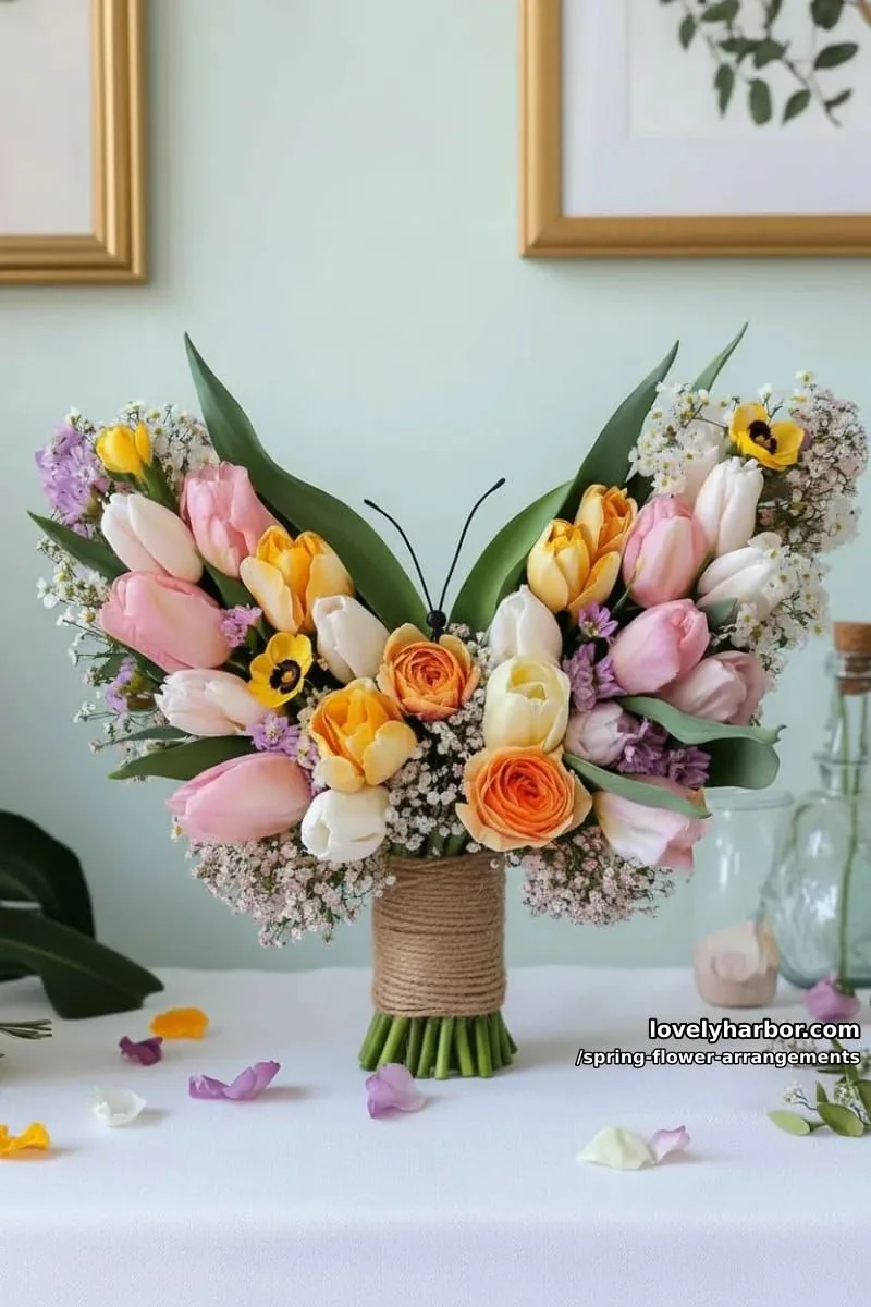 15 Spring Flower Arrangements That Will Warm Your Heart 31 colorful flower bouquet shaped like a spring butterfly for playful decor 1