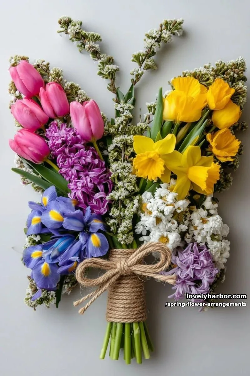 15 Spring Flower Arrangements That Will Warm Your Heart 32 colorful flower bouquet shaped like a spring butterfly for playful decor 1