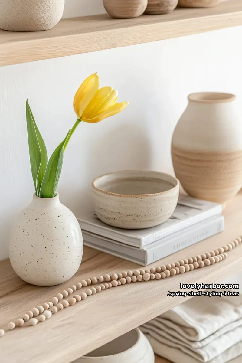 combine minimalist white pottery with a single yellow tulip and wood bead garland. 1