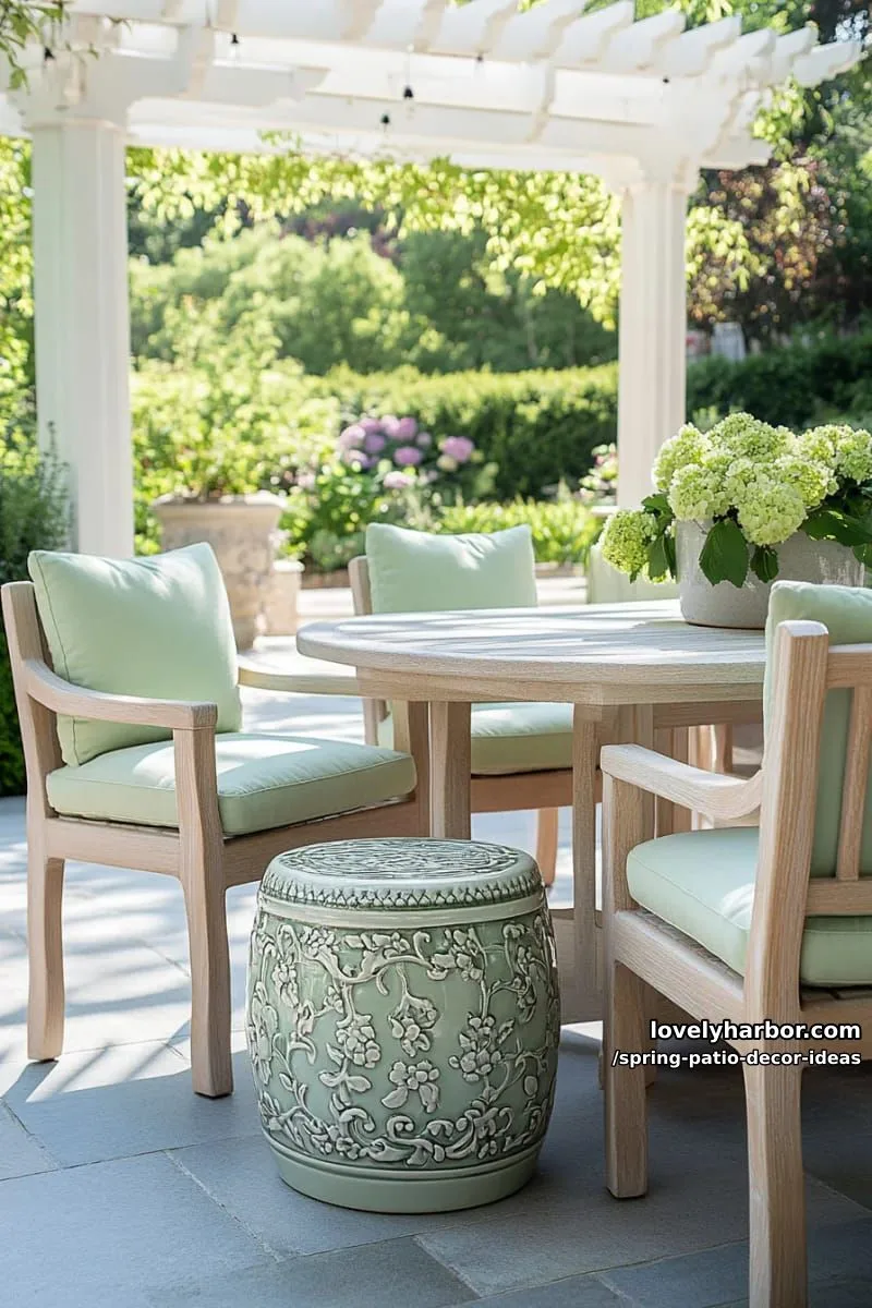 21 Spring Patio Decor Ideas To Welcome The New Season 40 combine pale wood furniture with sage green accents and ceramic garden stools 1