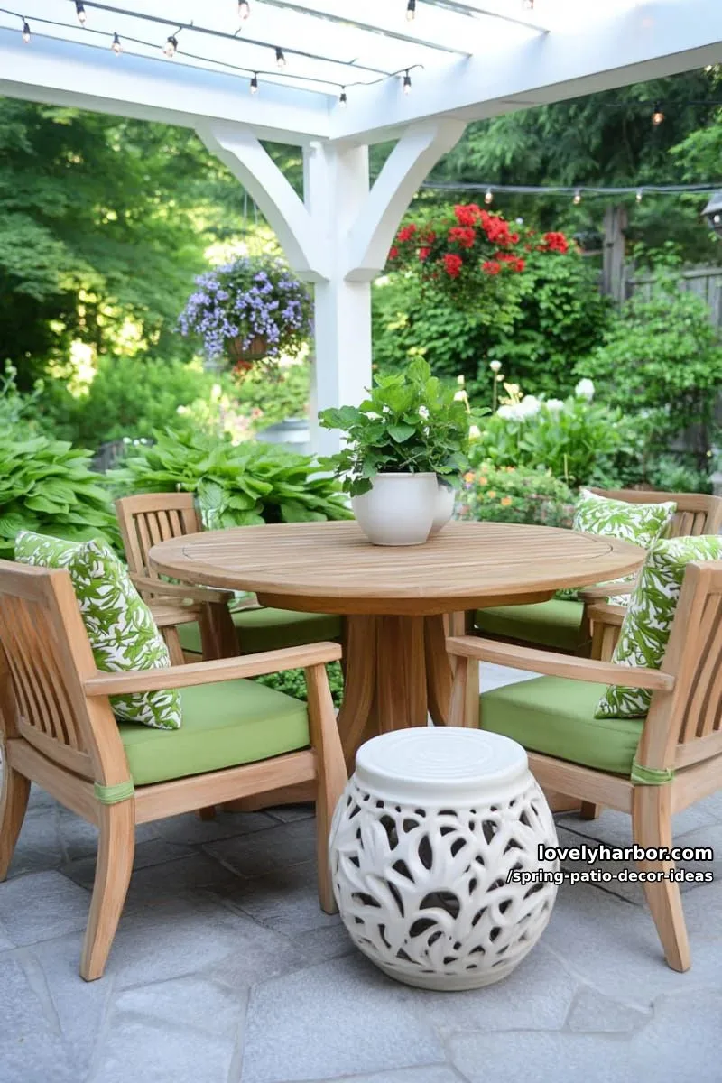 21 Spring Patio Decor Ideas To Welcome The New Season 41 combine pale wood furniture with sage green accents and ceramic garden stools 1