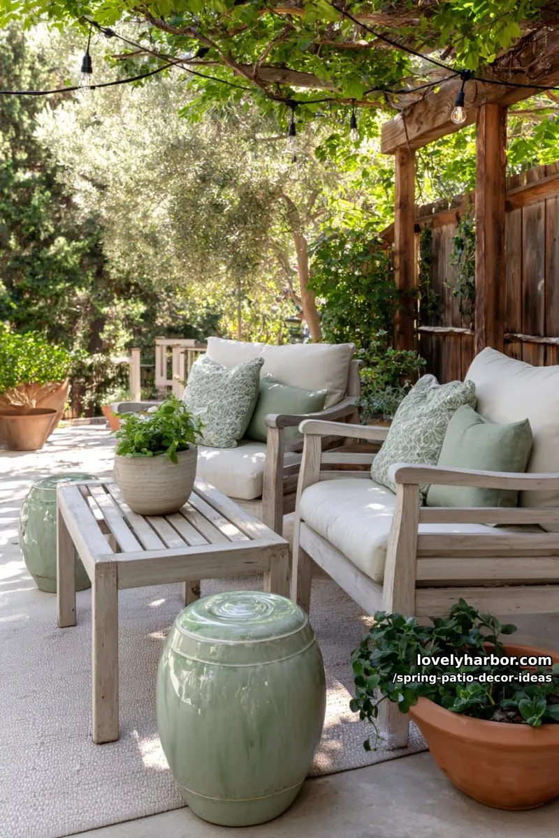 21 Spring Patio Decor Ideas To Welcome The New Season 42 combine pale wood furniture with sage green accents and ceramic garden stools 1