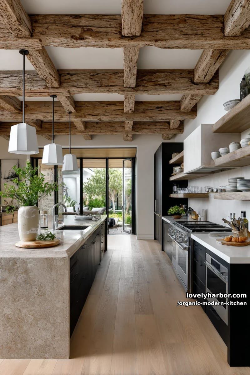 combine rough-hewn beams with ultra-smooth modern kitchen countertops. 1