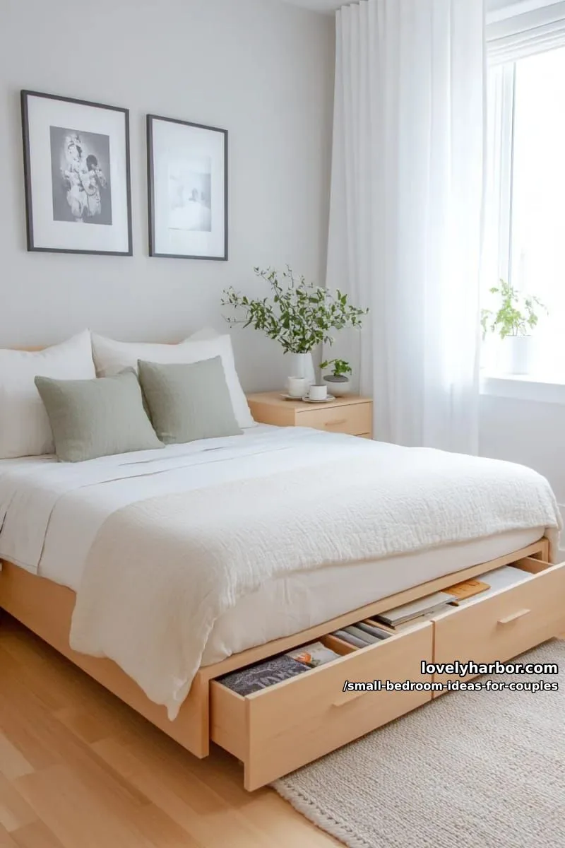 compact platform bed with underbed drawers for both partners’ essentials 1