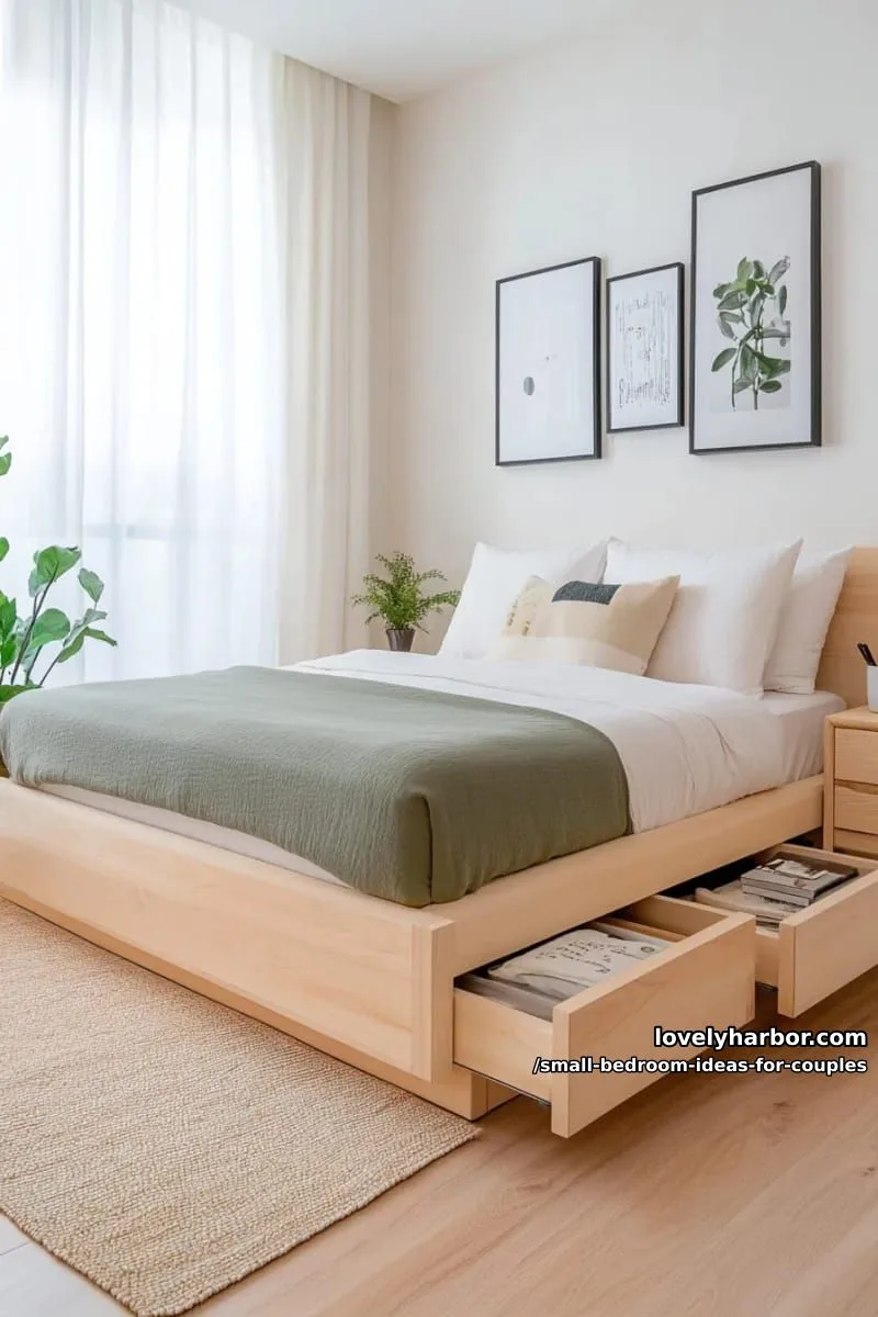 compact platform bed with underbed drawers for both partners’ essentials 1
