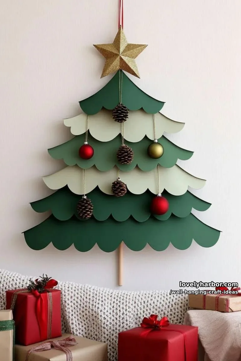 15 Artistic Wall Hanging Crafts to Upgrade Your Home 16 construct a hanging christmas tree with tiered green paper branches and gold star. 1