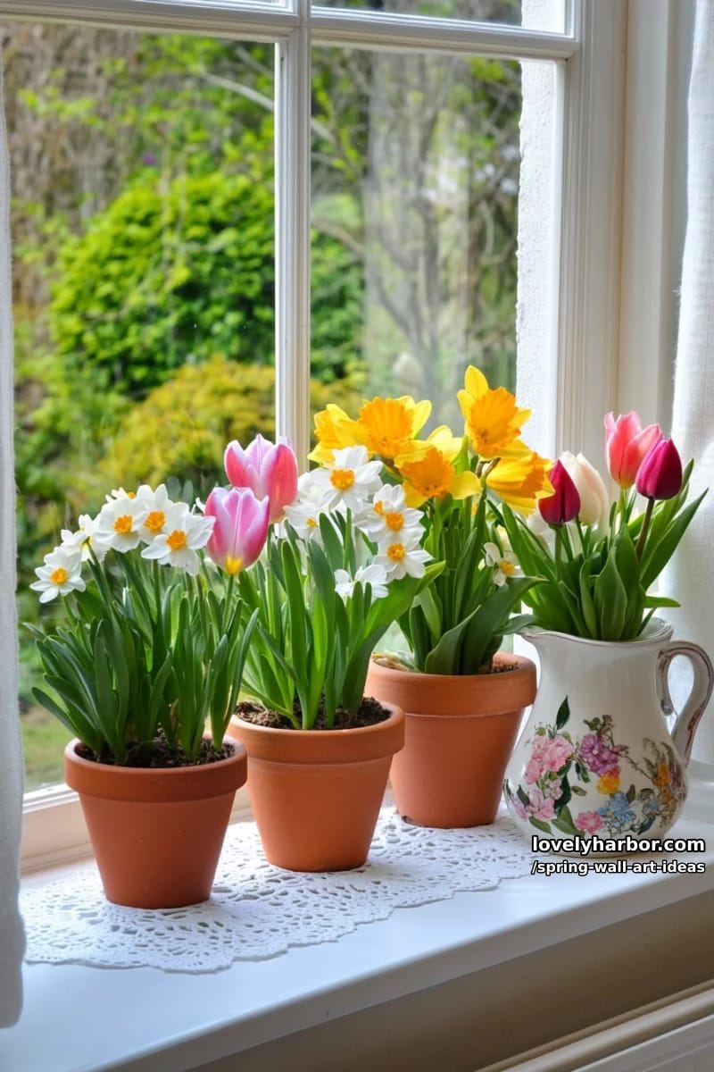 cottage window scene with flower pots and flowing curtains as wall art inspiration 1