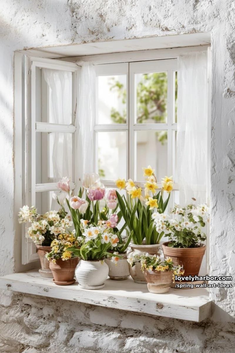 cottage window scene with flower pots and flowing curtains as wall art inspiration 1