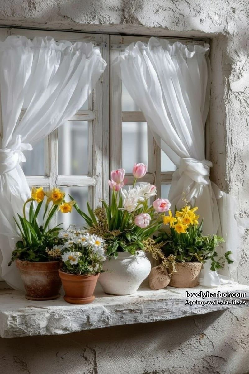 cottage window scene with flower pots and flowing curtains as wall art inspiration 1