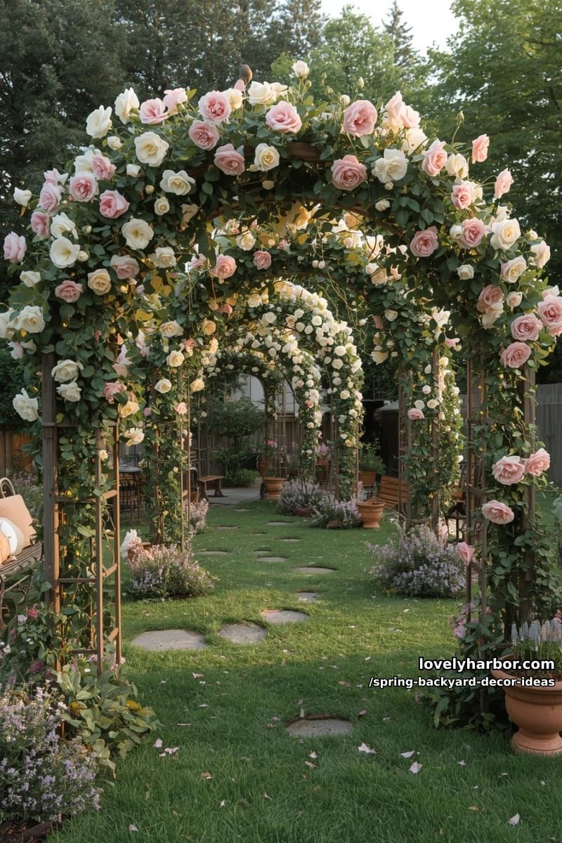 cottagecore-inspired garden arches overflowing with climbing roses and fairy lights 1