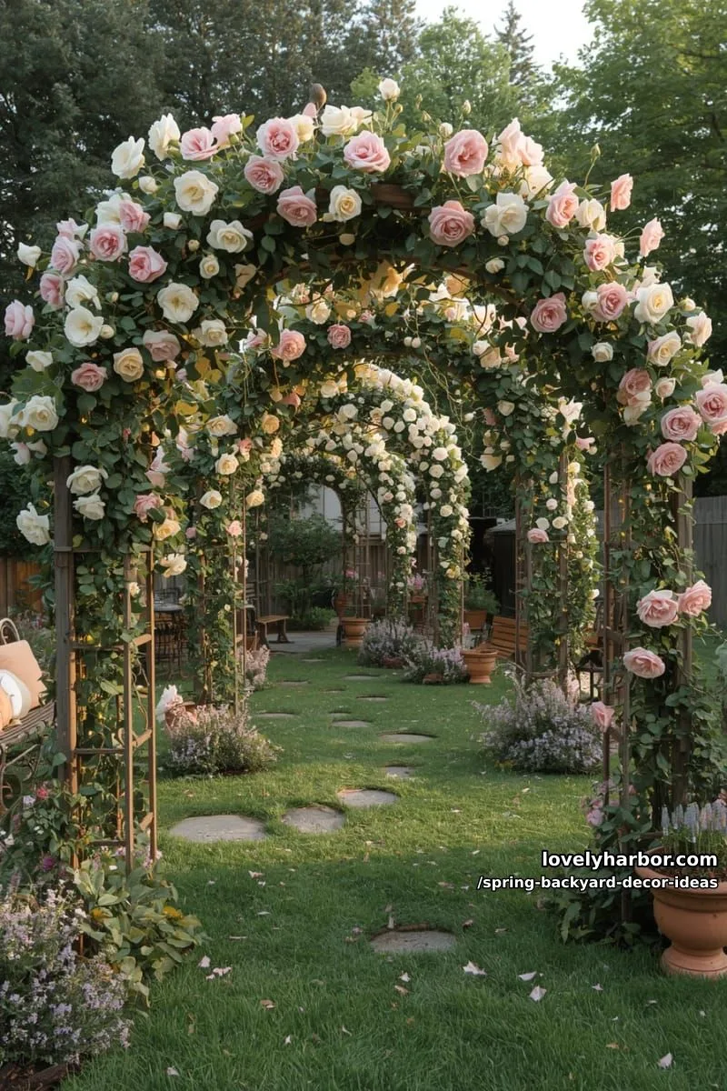 15 Spring Backyard Decor Ideas for Effortless Charm 8 cottagecore-inspired garden arches overflowing with climbing roses and fairy lights 1