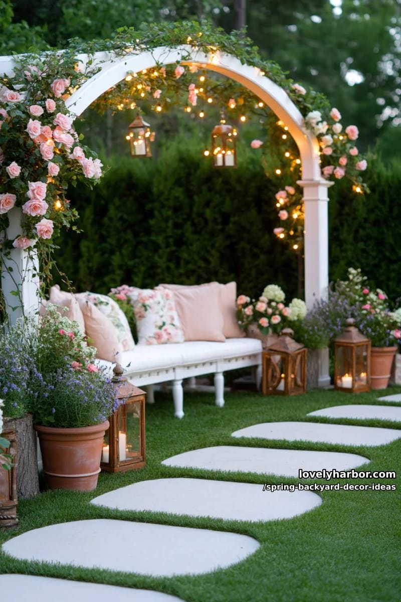 cottagecore-inspired garden arches overflowing with climbing roses and fairy lights 1