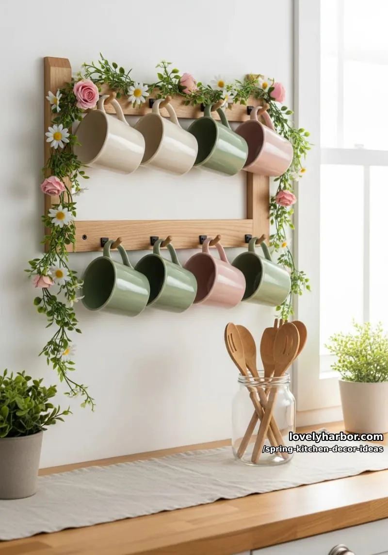 cottagecore mug rack adorned with hanging faux florals 1