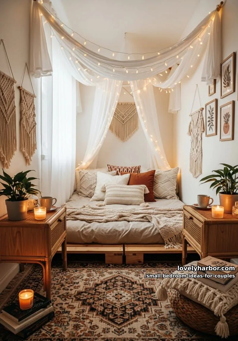 cozy boho fairy light canopy draped above the bed for magical evenings 1