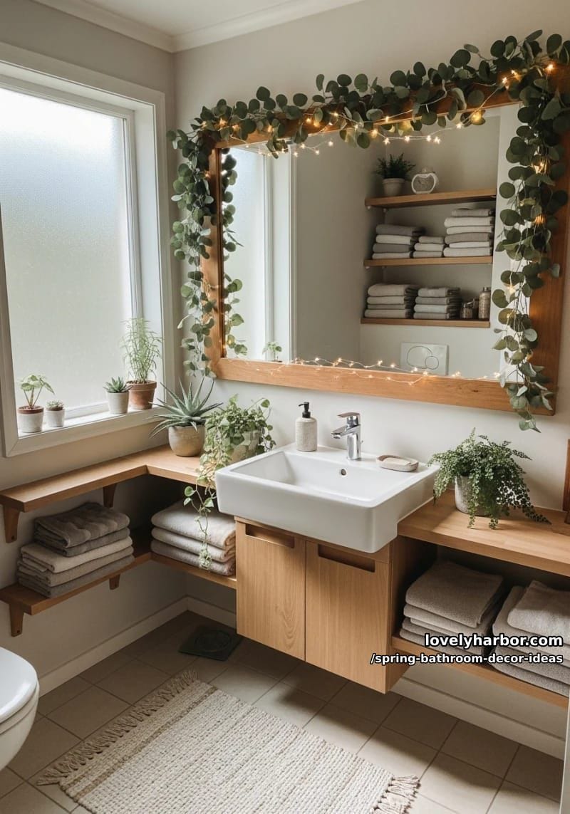 cozy nook with fairy lights, leafy garlands, and neutral towel stacks 1