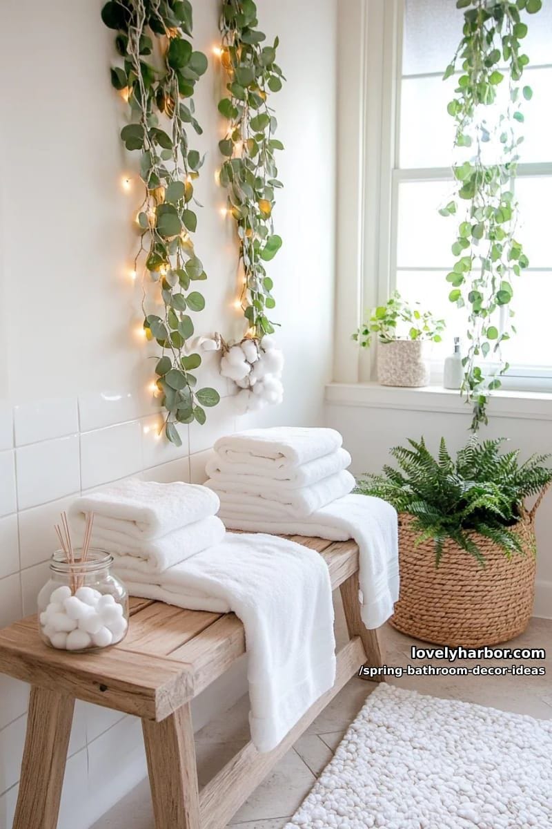 cozy nook with fairy lights, leafy garlands, and neutral towel stacks 1