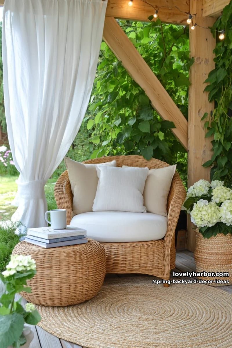 cozy reading nook under a pergola draped in gauzy white curtains and greenery 1