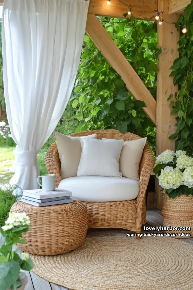15 Spring Backyard Decor Ideas for Effortless Charm 20 cozy reading nook under a pergola draped in gauzy white curtains and greenery 1