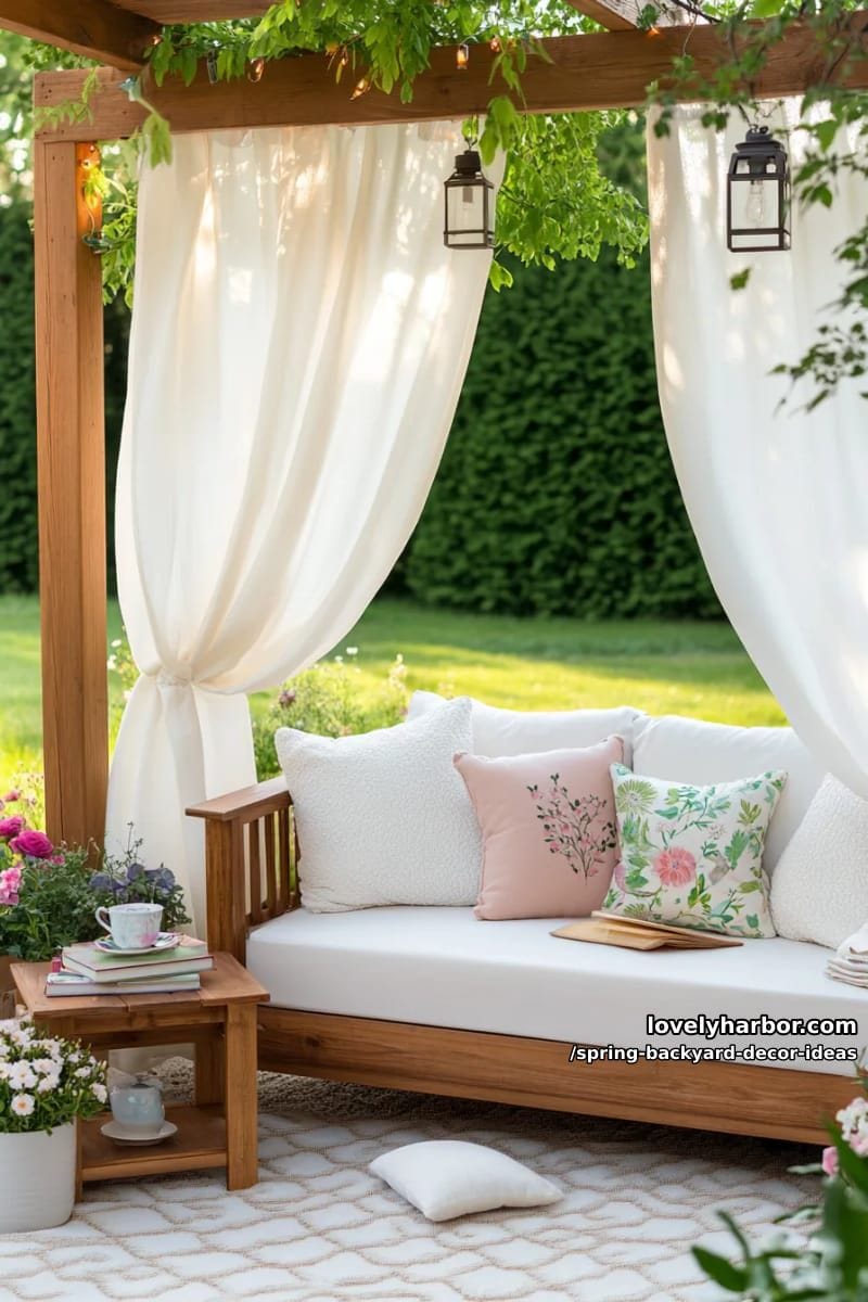 cozy reading nook under a pergola draped in gauzy white curtains and greenery 1