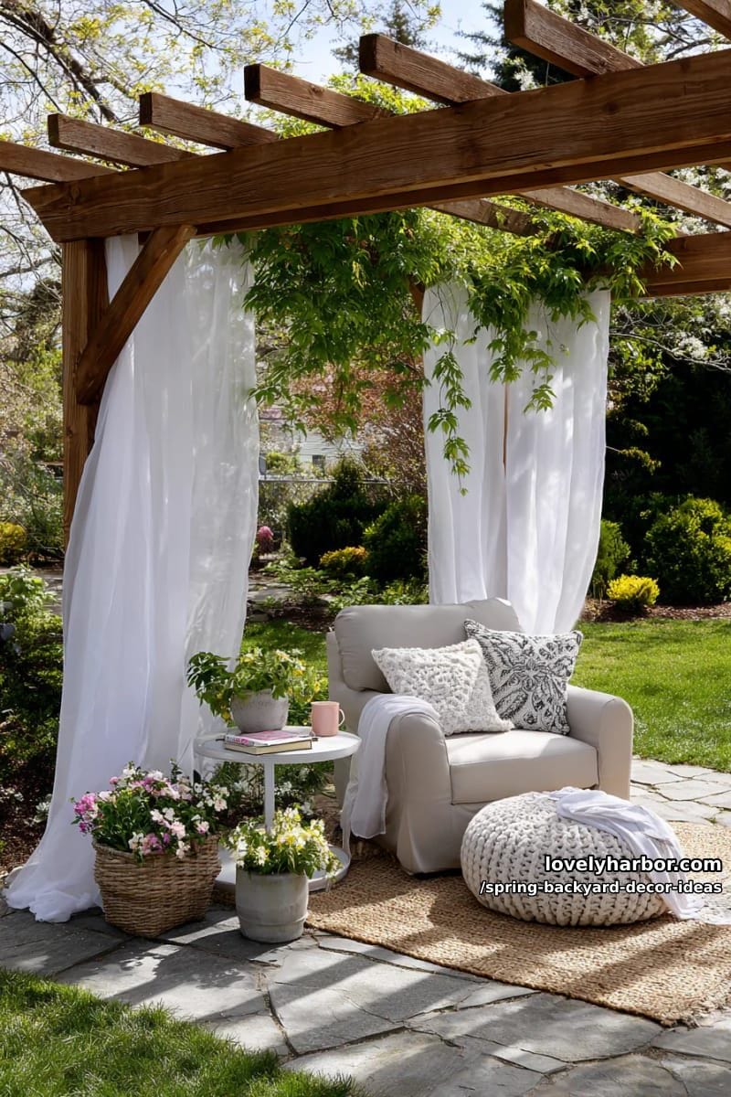 cozy reading nook under a pergola draped in gauzy white curtains and greenery 1