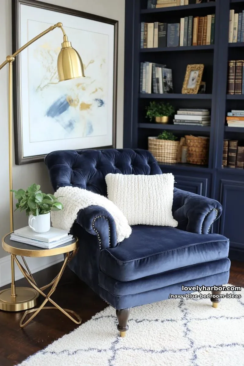 cozy reading nook with navy velvet armchair and plush cream area rug 1