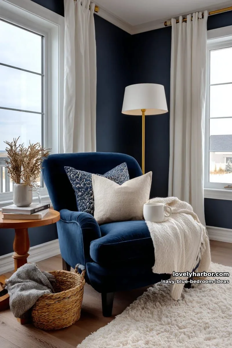 cozy reading nook with navy velvet armchair and plush cream area rug 1