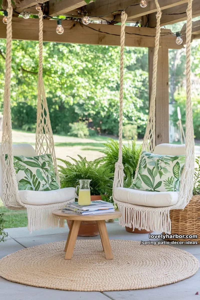 21 Spring Patio Decor Ideas To Welcome The New Season 10 cozy up a corner with macrame swing chairs and botanical print pillows 1