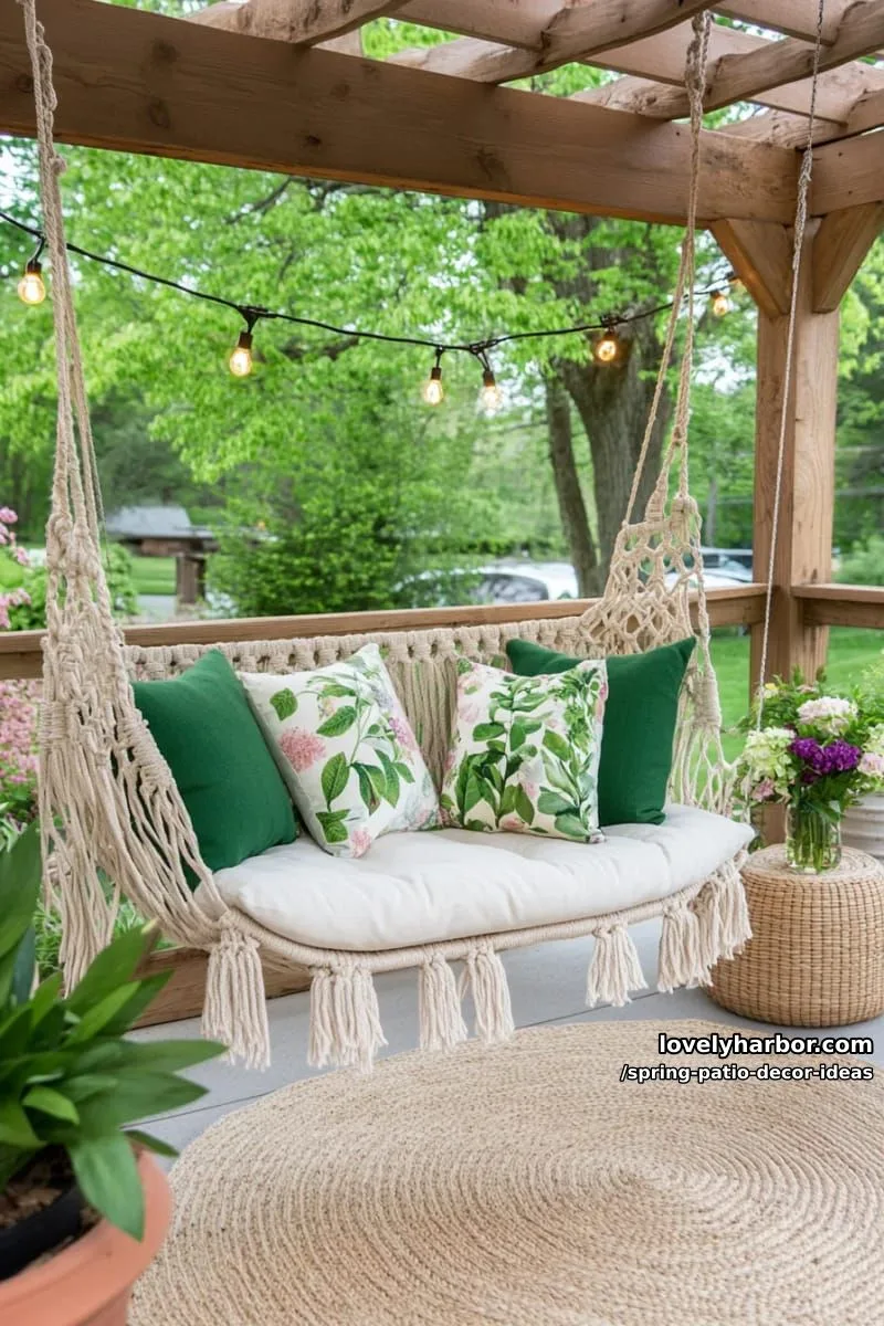 21 Spring Patio Decor Ideas To Welcome The New Season 11 cozy up a corner with macrame swing chairs and botanical print pillows 1