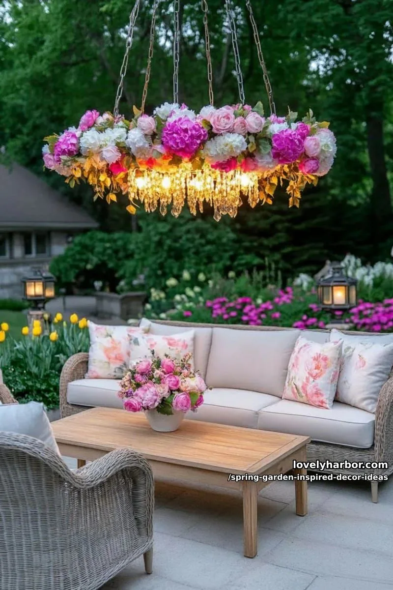 craft a floral chandelier with faux blooms and twinkle lights over outdoor seating 24