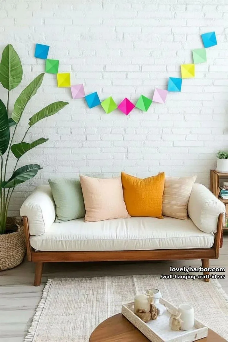 15 Artistic Wall Hanging Crafts to Upgrade Your Home 11 craft a geometric diamond garland with bold neon and pastel papers. 1