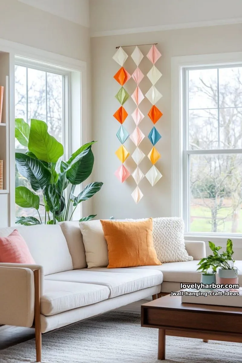 15 Artistic Wall Hanging Crafts to Upgrade Your Home 12 craft a geometric diamond garland with bold neon and pastel papers. 1