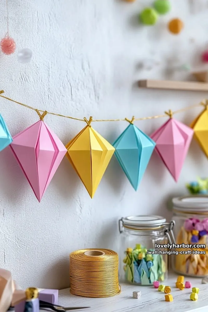 15 Artistic Wall Hanging Crafts to Upgrade Your Home 13 craft a geometric diamond garland with bold neon and pastel papers. 1