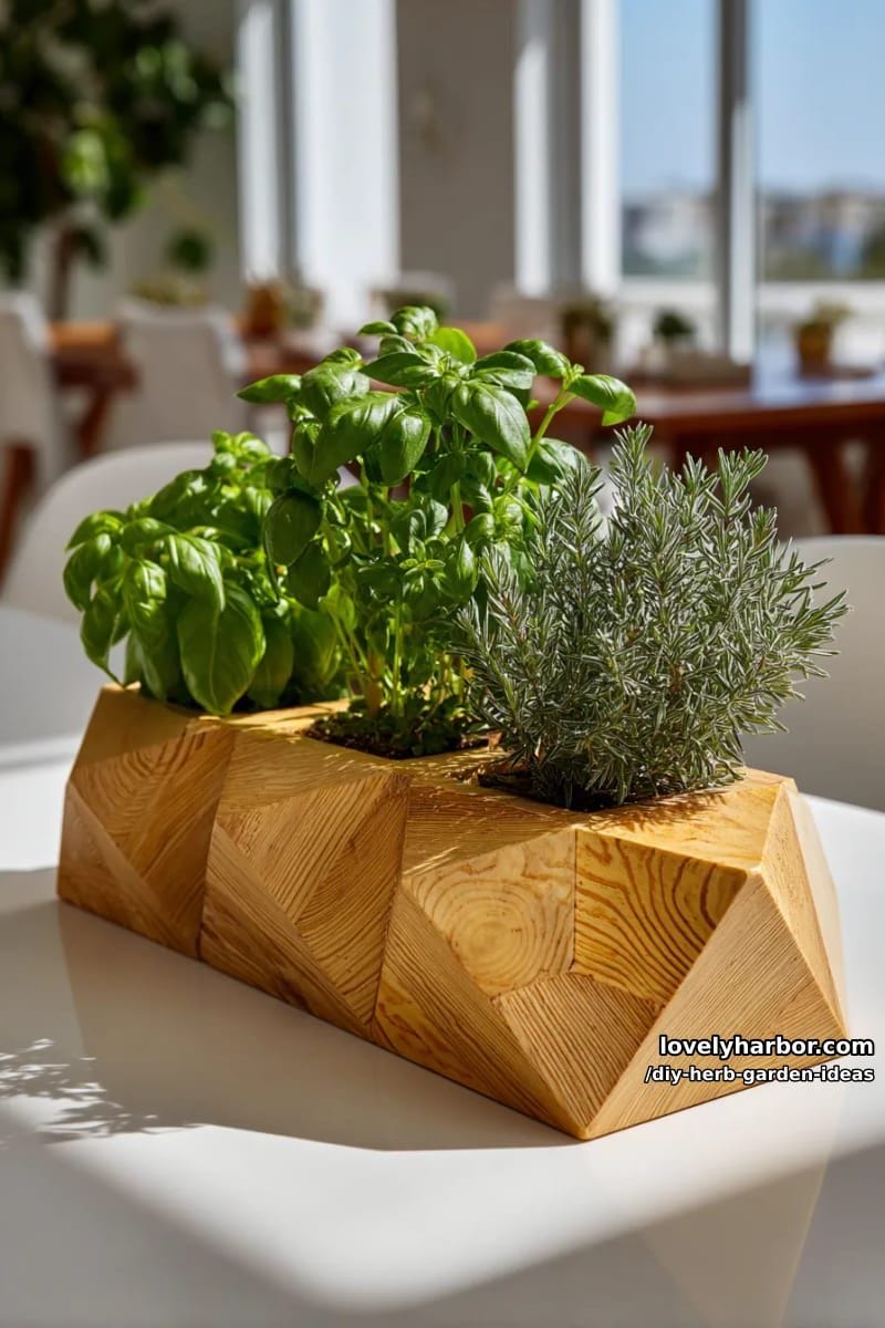 craft a modern geometric wooden planter for tiny indoor herb gardens. 1