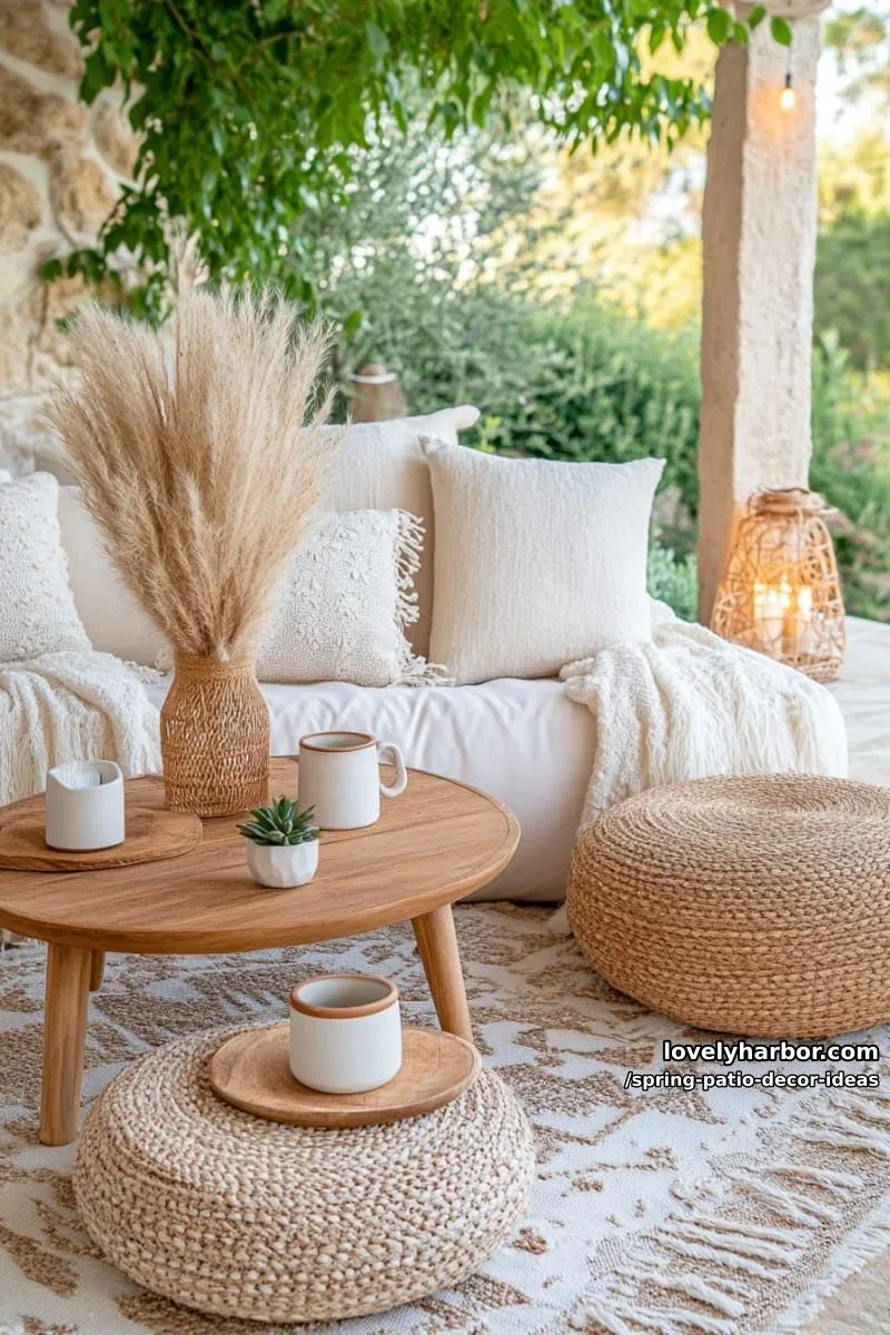 21 Spring Patio Decor Ideas To Welcome The New Season 23 create a boho nook with layered floor cushions, jute poufs, and pampas grass 1