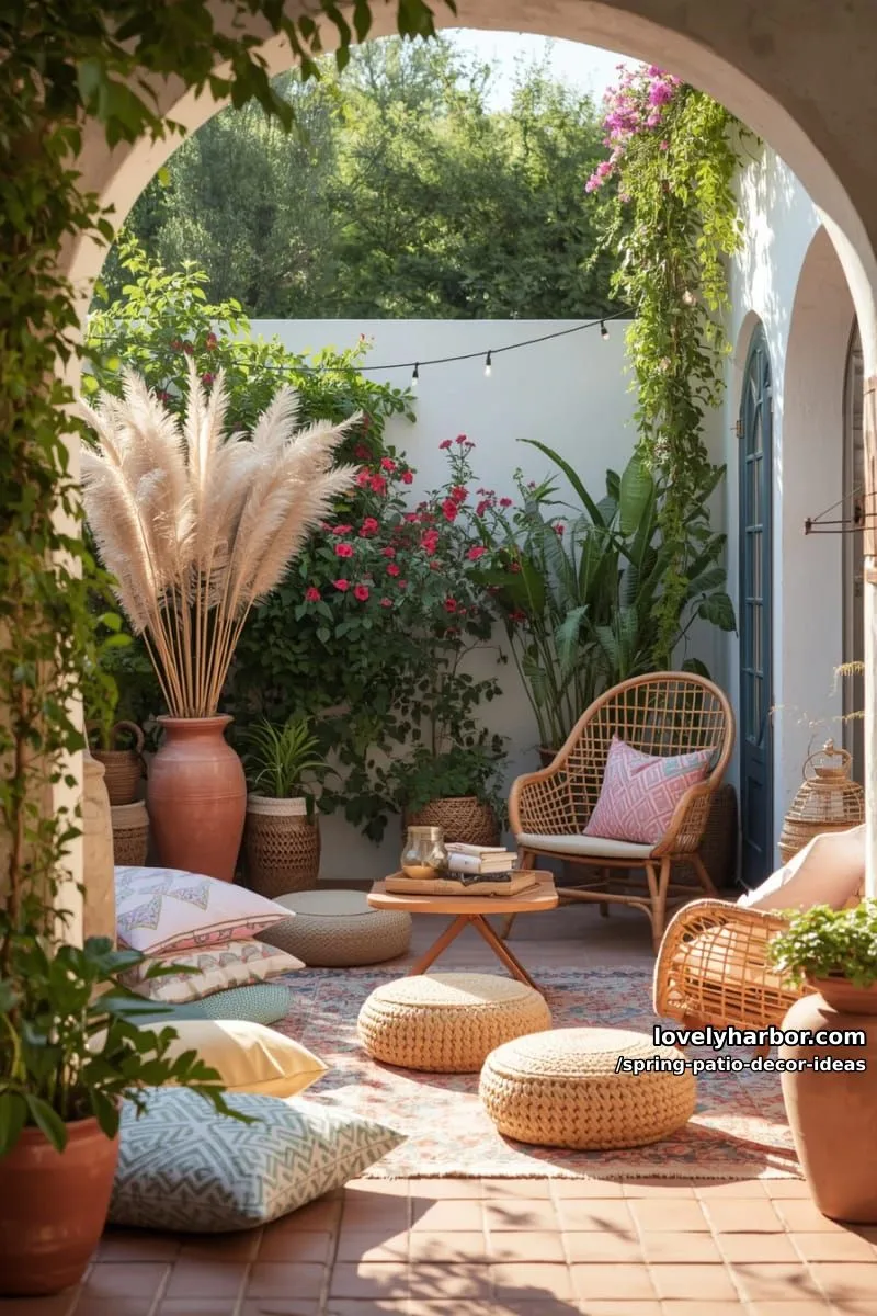 21 Spring Patio Decor Ideas To Welcome The New Season 24 create a boho nook with layered floor cushions, jute poufs, and pampas grass 1