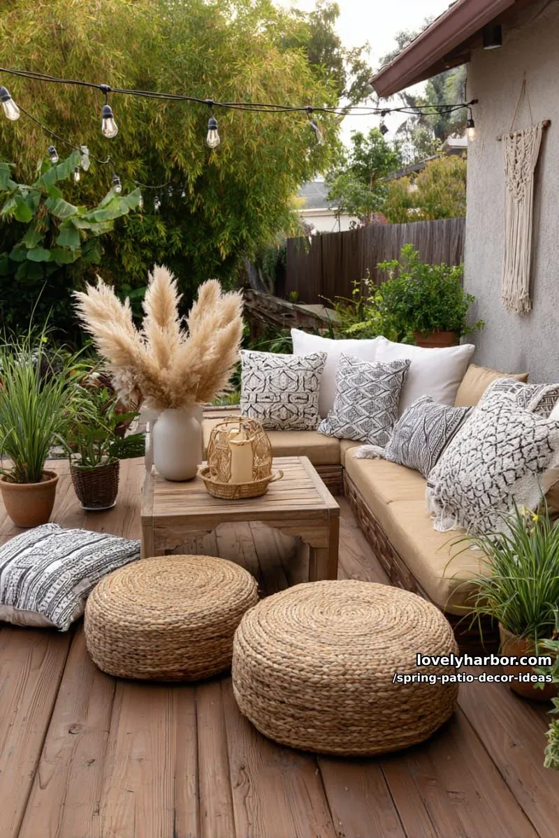21 Spring Patio Decor Ideas To Welcome The New Season 25 create a boho nook with layered floor cushions, jute poufs, and pampas grass 1