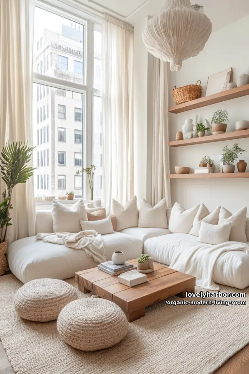 create a cozy nook with a low, pillowy modular sofa and poufs 1