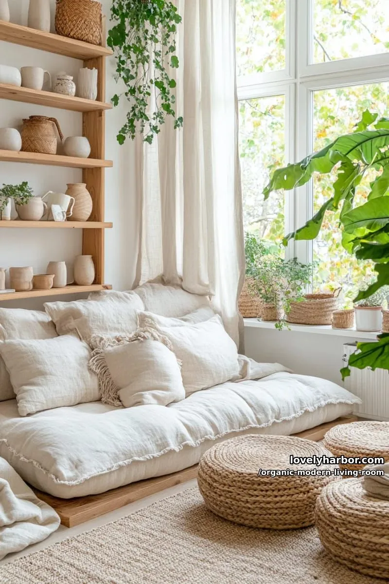 create a cozy nook with a low, pillowy modular sofa and poufs 1