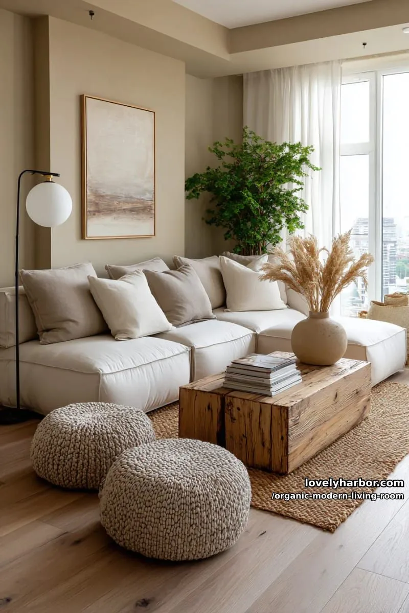 create a cozy nook with a low, pillowy modular sofa and poufs 1