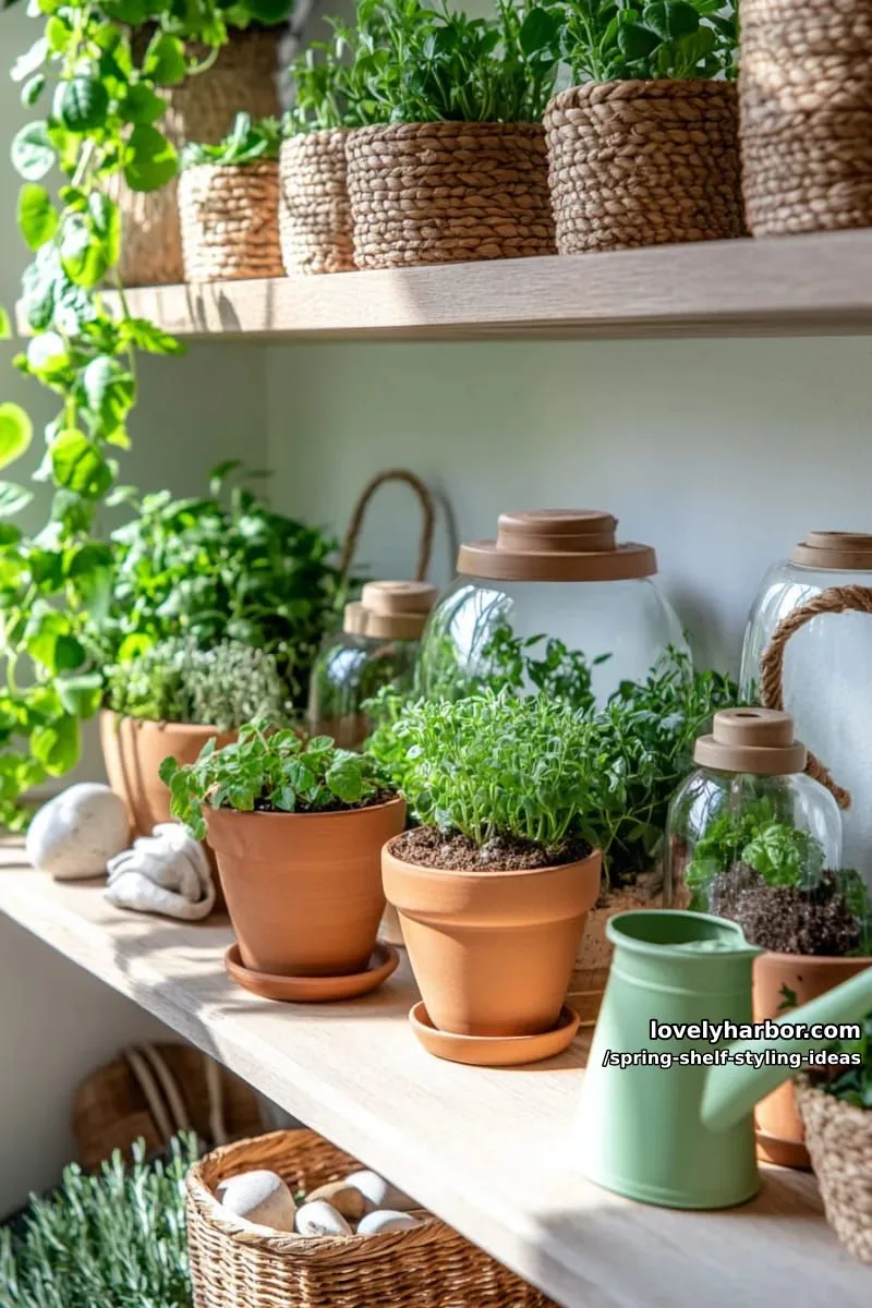 create a miniature garden display with tiny potted herbs and moss-filled terrariums. 1