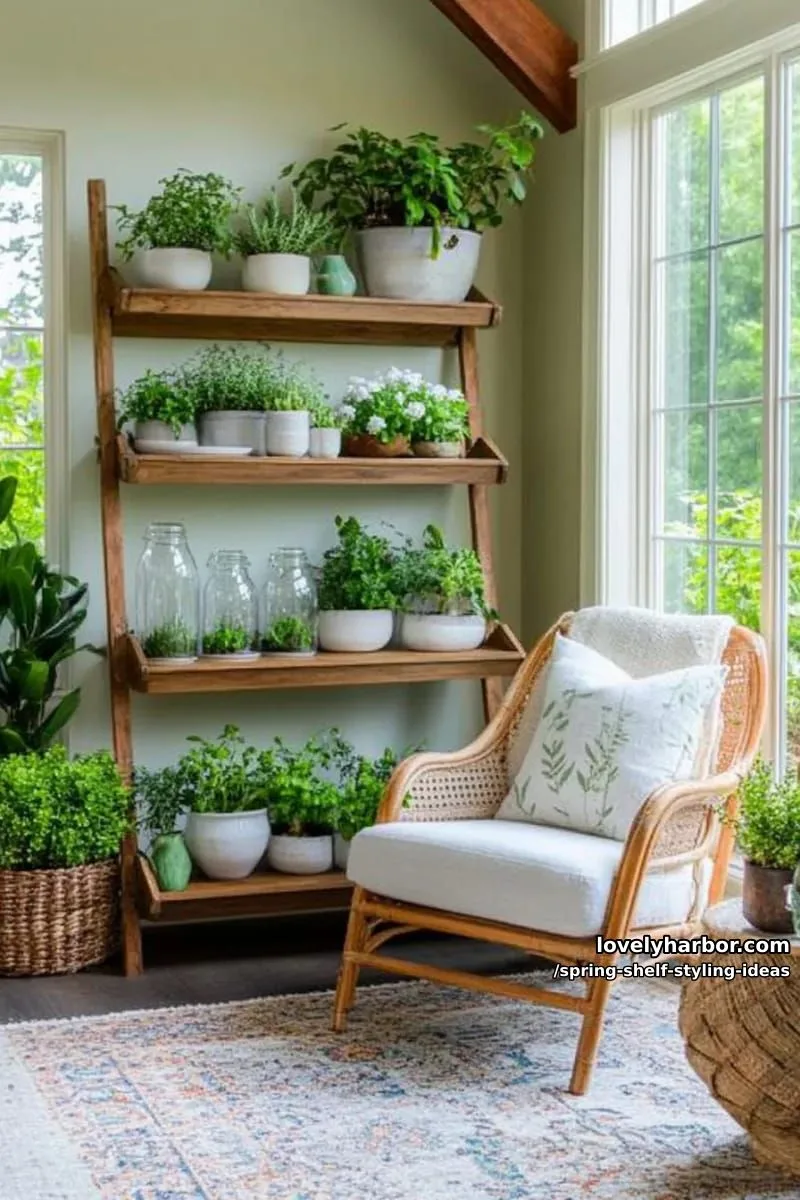 create a miniature garden display with tiny potted herbs and moss-filled terrariums. 1