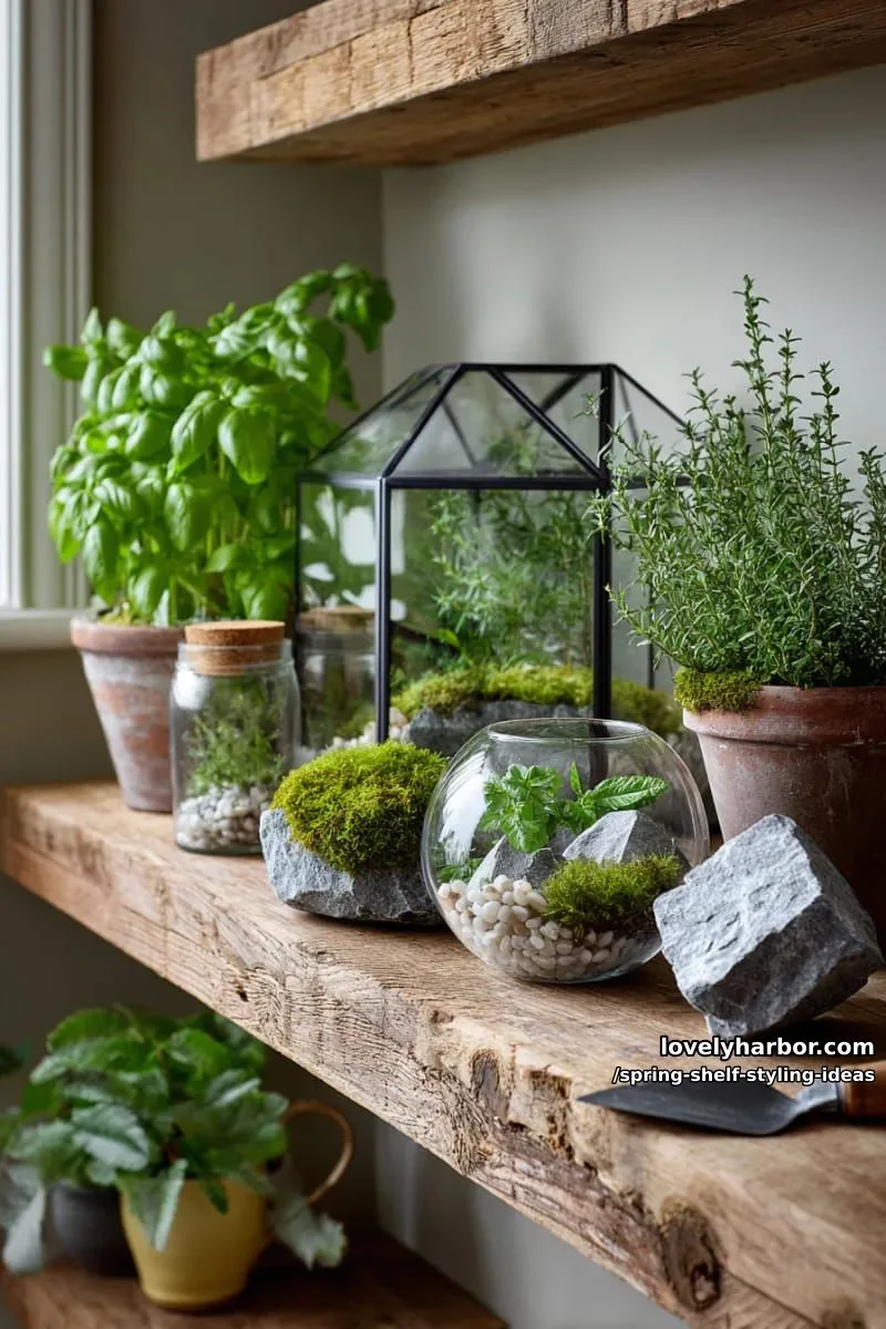 create a miniature garden display with tiny potted herbs and moss-filled terrariums. 1