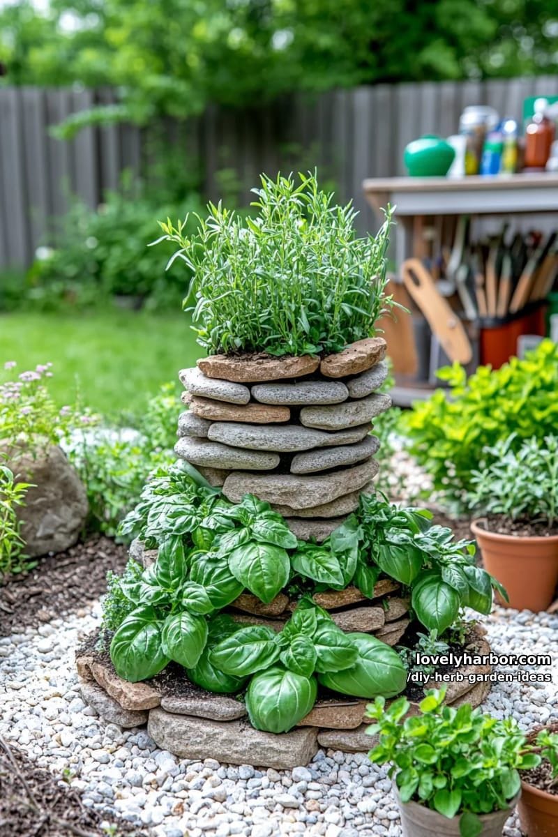 create a spiral herb garden using stacked stones in the backyard. 1
