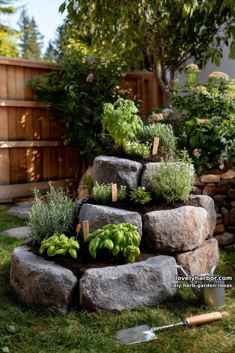 create a spiral herb garden using stacked stones in the backyard. 1