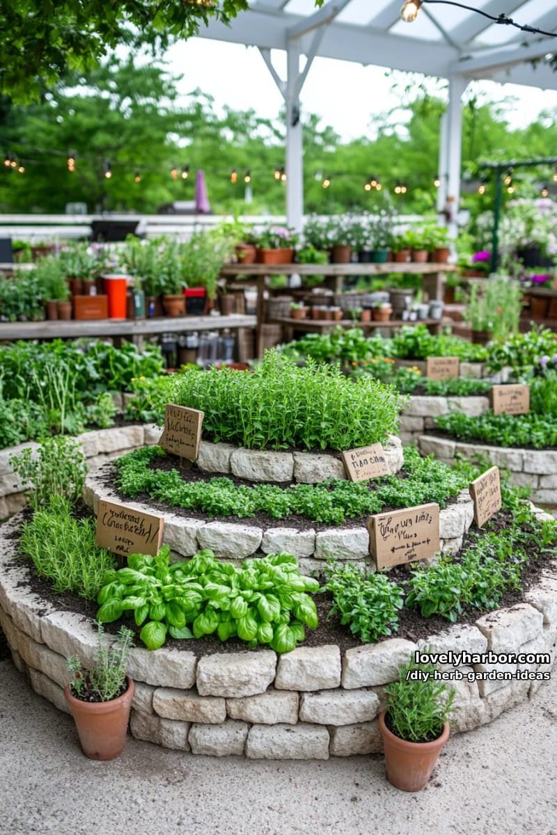 create a spiral herb garden using stacked stones in the backyard. 1
