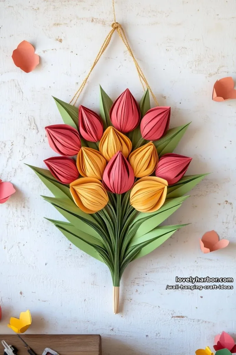 15 Artistic Wall Hanging Crafts to Upgrade Your Home 3 create a vibrant 3d paper tulip wall hanging with layered green leaves. 1