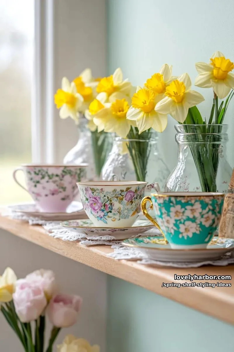 curate a shelf of vintage teacups alongside blooming daffodils in glass bottles. 1